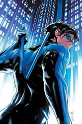  1boy back batman_(series) baton_(weapon) black_bodysuit black_hair blue_bodysuit bodysuit building city city_lights closed_mouth dc_comics dick_grayson domino_mask highres holding holding_weapon male_focus mask muscular muscular_male night nightwing outdoors sergacuna short_hair smile solo superhero_costume two-tone_bodysuit weapon western_comics_(style) 