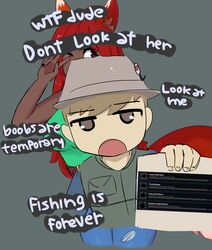  absurd_res angler_(terraria) bottomwear breasts brown_eyes brown_hair canid canine clothed clothing dark_body dark_skin denim denim_bottomwear denim_clothing duo english_text female fingers fishing_hat fox fur gesture grey_background hair hand_gesture hat headgear headwear hi_res human human_focus jeans mammal meme not_furry_focus one_eye_closed pants peps red_hair simple_background terraria text torn_clothing v_sign wink zoologist_(terraria) 