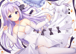  ahoge azur_lane bare_shoulders bed_sheet black_bow black_ribbon blush bow breasts cleavage commentary_request criss-cross_halter detached_sleeves dress female frilled_pillow frills fujikura_ryuune hair_bun hair_ribbon halterneck long_hair long_sleeves medium_breasts one_side_up pillow purple_eyes purple_hair ribbon shoes single_hair_bun single_side_bun sleeves_past_wrists solo stuffed_animal stuffed_toy stuffed_winged_unicorn thighhighs unicorn_(azur_lane) very_long_hair white_dress white_footwear white_sleeves white_thighhighs 