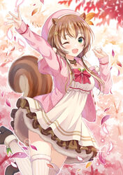  acorn animal_ear_fluff animal_ears ayunda_risu ayunda_risu_(1st_costume) blush breasts clothing_cutout dress female fur_choker green_eyes hair_ornament high_heels highres hololive hololive_indonesia hood hoodie leaf_hair_ornament looking_at_viewer medium_breasts official_art one_eye_closed open_mouth pink_hair pink_hoodie shoulder_cutout squirrel_ears squirrel_girl squirrel_tail tail twintails virtual_youtuber white_dress yatomi 