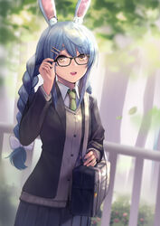  animal_ear_fluff animal_ears bag black_jacket blue_hair braid brown_eyes brown_vest collared_shirt cowboy_shot female glasses green_necktie hair_ornament hair_ribbon hairclip highres hololive jacket long_hair long_sleeves looking_at_viewer necktie outdoors rabbit_ears rabbit_girl ribbon school_bag school_uniform shirt solo twin_braids usada_pekora vest virtual_youtuber white_shirt wszkii 