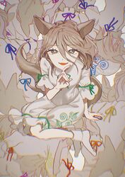  absurdres animal_ears artist_name bad_id bad_twitter_id blue_bow blue_ribbon bow breasts brown_eyes brown_hair eyelashes eyes_visible_through_hair female fingernails fox_ears fox_girl fox_shadow_puppet fox_tail green_bow green_ribbons grey_romper grey_socks hair_between_eyes hand_up highres kudamaki_tsukasa light_brown_hair long_fingernails looking_at_viewer looking_up medium_breasts no_shoes orange_bow orange_ribbon pink_bow pink_ribbon puffy_short_sleeves puffy_sleeves purple_bow purple_ribbon red_bow red_ribbon ribbon romper short_sleeves simple_background sitting sizuo_1997619 socks solo tail teeth test_tube tongue touhou white_background white_romper 