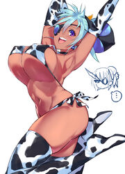  2girls animal_ears animal_print aqua_hair armpits arms_up bikini blush bovine breasts chinese_zodiac covered_nipples cow_ears cow_horns cow_print cow_print_bikini dark-skinned_female dark_skin earrings elbow_gloves envy eyepatch fake_animal_ears fake_horns gloves highres horns jewelry large_breasts looking_at_viewer multiple_girls negresco open_mouth praxis_(xenoblade) print_bikini purple_eyes short_hair side-tie_bikini_bottom simple_background smile swimsuit theory_(xenoblade) thighhighs white_background xenoblade_chronicles_(series) xenoblade_chronicles_2 year_of_the_ox 