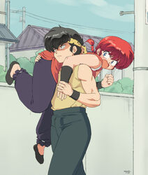  1boy ass_grab baggy_pants black_hair blue_eyes blush braid bulge carrying carrying_over_shoulder carrying_person chinese_clothes commentary empty_eyes erection erection_under_clothes expressionless female fireman&#039;s_carry flats headband hibiki_ryouga highres holding_another&#039;s_wrist mage_(harumagedon) muscular pants photoshop_(medium) ranma-chan ranma_1/2 red_hair short_braid single_braid straight tangzhuang wristband you_gonna_get_raped 