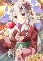  absurdres bell blush breasts candy female festival floral_print food food_stand gradient_hair hair_ornament highres hololive horns japanese_clothes kimono long_hair looking_at_viewer mihaeru multicolored_hair nakiri_ayame night oerba_yun_fang oni open_mouth print_kimono red_eyes red_hair red_kimono skin-covered_horns skin_fang solo streaked_hair virtual_youtuber white_hair yatai yukata 