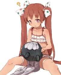  alchera bikini brown_eyes brown_hair collarbone commentary_request dark-skinned_female dark_skin enemy_naval_mine_(kancolle) feet_out_of_frame female frilled_bikini frills hair_ribbon kantai_collection libeccio_(kancolle) libeccio_(swimsuit_mode)_(kancolle) long_hair official_alternate_costume polka_dot polka_dot_ribbon ribbon simple_background sitting solo spread_legs swimsuit tentacle twintails white_background white_bikini 