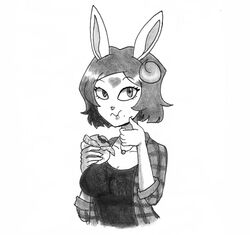  absurd_res anthro big_breasts breasts burger clothing collar collarbone eating efradraws female food fur graphite_(artwork) hair heart_symbol hi_res lagomorph leporid mammal marker_(artwork) monochrome pencil_(artwork) rabbit short_hair simple_background solo topwear traditional_media_(artwork) white_background white_body white_fur 