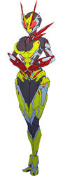  absurdres armor armored_boots asymmetrical_armor black_armor black_bodysuit bodysuit boots breasts catball1994 commentary_request fake_horns female full_armor full_body gauntlets glowing glowing_eyes green_armor helmet highres horned_helmet horns is_(kamen_rider_01) kamen_rider kamen_rider_01_(series) kamen_rider_zero-two large_breasts legs_together own_hands_together power_armor red_eyes red_scarf redesign scarf science_fiction simple_background solo standing thick_thighs thighs tokusatsu white_background wide_hips zero_two_driver 