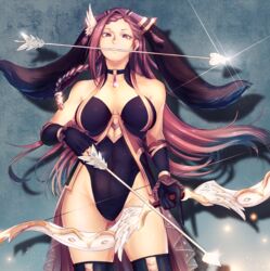  absurdres animal_ears arrow_(projectile) ass_visible_through_thighs bare_shoulders black_gloves bow_(weapon) braid breasts cleavage female fire_emblem fire_emblem_heroes glint gloves groin hair_ornament hat highleg highres holding jewelry large_breasts loki_(fire_emblem) loki_(spring)_(fire_emblem) long_hair looking_at_viewer minaka_shobu mouth_hold official_alternate_costume playboy_bunny purple_eyes purple_hair rabbit_ears rubber_gloves solo thighhighs thighs weapon 