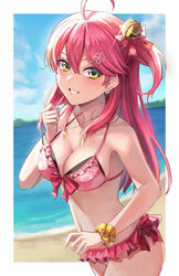  ahoge beach bell bikini blush bow bracelet breasts cleavage cloud cowboy_shot day earrings female flower_earrings frilled_bikini frills green_eyes hair_between_eyes hair_ornament halterneck highres hololive jewelry long_hair looking_at_viewer medium_breasts necklace ocean official_alternate_costume outdoors pink_bikini pink_hair sakura_miko sakura_miko_(hololive_summer_2019) scrunchie sky solo string_bikini swimsuit tsurime virtual_youtuber wrist_scrunchie wszkii 