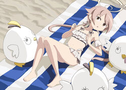  beach beach_mat bikini bird blue_archive brown_eyes brown_hair commentary english_commentary female frilled_bikini frills hair_between_eyes halo hifumi_(blue_archive) hifumi_(swimsuit)_(blue_archive) knees_up long_hair looking_at_viewer low_twintails lying navel official_alternate_costume official_alternate_hairstyle on_back outdoors parted_lips peroro_(blue_archive) sidelocks sixten spaghetti_strap stomach swimsuit twintails white_bikini 