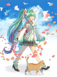  absurdres aqua_eyes aqua_flower aqua_hair aqua_ribbon bird black_skirt blue_flower cape commentary detached_sleeves falling_petals feline female flower flower_underskirt from_side full_body green_flower hair_flower hair_ornament hair_ribbon hatsune_miku hatsune_tenchikaibyaku_shinwa_(vocaloid) high_heels highres long_hair magical_mirai_(vocaloid) magical_mirai_miku magical_mirai_miku_(2021) medallion miniskirt neck_ribbon open_mouth orange_flower petals pleated_skirt propellerwalker purple_flower red_flower ribbon shirt skirt sleeveless sleeveless_shirt smile solo twintails very_long_hair vocaloid walking white_bird white_flower white_shirt white_sleeves yellow_flower 