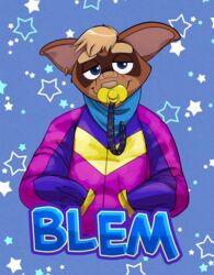  1990s 90&#039;s_theme absurd_res ageplay anthro badge band-aid bandage brown_body brown_fur clothing cosmic_background domestic_ferret eyelids fur hi_res infantilism jacket male mammal mustelid musteline pacifier pawgyle roleplay signature solo starry_background topwear true_musteline weasel 