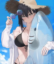  bikini black_bikini black_hair blue_sky breasts brown_hat cloud collarbone colored_inner_hair commentary day female fingernails hair_between_eyes hat highres holding holding_removed_eyewear inflatable_shark inflatable_toy large_breasts looking_at_viewer mole mole_on_breast multicolored_hair navel original round_eyewear shirt short_hair sky solo soya_(torga) straw_hat sunglasses swimsuit symbol-only_commentary two-tone_hair unworn_eyewear upper_body white_hair white_shirt yellow_eyes 