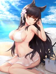  animal_ears atago_(azur_lane) atago_(summer_march)_(azur_lane) azur_lane bag beach bikini blue_sky breasts brown_eyes choker cloud commentary day extra_ears female fox_ears hair_ornament hand_up highres kirifrog large_breasts long_hair looking_at_viewer mole mole_under_eye ocean official_alternate_costume outdoors parasol sand sitting sky smile solo swimsuit umbrella 