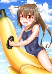  banana_boat blue_one-piece_swimsuit blue_sky breasts brown_eyes brown_hair cloud collarbone covered_navel day female fumizuki_(kancolle) hair_between_eyes highres inflatable_raft inflatable_toy kantai_collection long_hair lying new_school_swimsuit ocean on_banana on_stomach one-piece_swimsuit open_mouth outdoors ponytail riding school_swimsuit sky small_breasts smile solo swimsuit ura_tomomi 