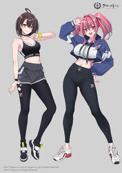  2girls :d ahoge arm_at_side arm_up ass_visible_through_thighs azur_lane baltimore_(azur_lane) bare_shoulders black_choker black_footwear black_leggings black_sports_bra blush bow braid breasts bremerton_(azur_lane) brown_hair choker cleavage closed_mouth clothing_cutout commentary_request copyright_name crop_top cropped_jacket crossed_bangs dolphin_shorts fukai_ryosuke grey_background grey_hair grey_shorts hairbow hand_on_own_hip hand_up high-waist_shorts highres large_breasts leggings leggings_under_shorts long_hair long_sleeves looking_at_viewer medium_breasts midriff multicolored_hair multiple_girls navel open_mouth pants red_eyes red_hair shoes short_hair short_shorts shorts simple_background smartwatch smile sneakers sports_bra sportswear standing stomach streaked_hair teeth twintails upper_teeth_only w watch white_footwear wristband wristwatch yellow_eyes yoga_pants 