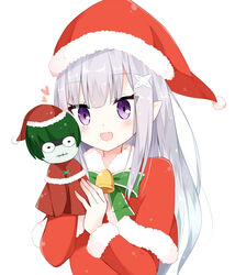  arms_up bell doll emilia_(re:zero) female grey_hair hair_ornament hand_puppet hat holding kamu_(geeenius) long_hair looking_at_viewer open_mouth petelgeuse_romaneeconti pointy_ears puppet purple_eyes re:zero_kara_hajimeru_isekai_seikatsu santa_costume santa_hat sidelocks simple_background 