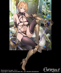  arm_guards armor black_garter_belt black_thighhighs blonde_hair bondage bondage bound breasts copyright_name elbow_gloves european_architecture evertale female garter_belt gloves harness high_heels highres holding holding_sword holding_weapon lancelot_(evertale) large_breasts logo navel o-ring official_art petals plant revealing_clothes sage_joh shiny_clothes smile solo sword thighhighs vines weapon 