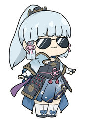  &gt;:) :3 arm_guards armor armored_dress black_gloves blunt_bangs bow chest_armor chibi commentary_request female fingerless_gloves full_body genshin_impact gloves grey_hair hair_ornament hair_ribbon hair_tubes hairbow japanese_clothes kamisato_ayaka kamisato_clan_(emblem) long_hair looking_at_viewer nyaru_(nyaru_4126) outstretched_arms ponytail ribbon sidelocks simple_background solo spread_arms standing sunglasses tress_ribbon v-shaped_eyebrows white_background white_legwear 