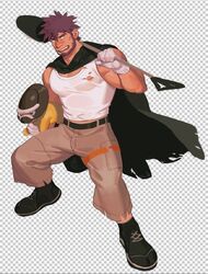  1boy atcesolcyc bara bare_shoulders beard belt black_cloak black_footwear brown_pants bulge byron_(pokemon) cape cloak facial_hair full_body holding holding_pokemon large_pectorals male_focus mature_male midriff_peek muscular muscular_male open_mouth pants pectorals pokemon pokemon_(creature) pokemon_dppt protected_link purple_eyes purple_hair shieldon shirt short_hair shovel spread_legs tank_top thick_thighs thighs torn_cape torn_clothes torn_shirt white_tank_top 