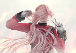  braid braided_ponytail commentary_request dated fate/grand_order fate_(series) female florence_nightingale_(fate) from_behind gloves joki_yoh long_hair military military_uniform pink_hair solo uniform 