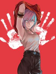  aqua_hair armpits belt blue_eyes breasts choker closed_mouth female highres joki_yoh linda_(linda_cube) linda_cube looking_at_viewer short_hair simple_background smile solo 