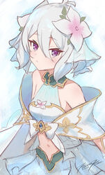  antenna_hair bare_shoulders clothing_cutout dress elf female flower gold_trim hair_between_eyes hair_flower hair_ornament highres kokkoro_(princess)_(princess_connect!) kokkoro_(princess_connect!) looking_at_viewer navel navel_cutout off-shoulder_dress off_shoulder pointy_ears princess_connect! punished_pigeon purple_eyes short_hair simple_background skirt sleeveless sleeveless_dress solo white_dress white_flower white_hair white_skirt 