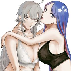  2girls black_bra black_nails blue_hair bra breasts cleavage closed_mouth grey_eyes grey_hair highres kantai_collection large_breasts lipstick long_hair looking_at_viewer makeup multicolored_hair multiple_girls nail_polish nidou red_hair simple_background south_dakota_(kancolle) star_(symbol) underwear upper_body washington_(kancolle) white_background white_bra white_hair 