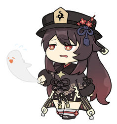  :d black_shorts boo_tao_(genshin_impact) brown_hair chibi chinese_clothes commentary_request female flower full_body genshin_impact ghost gradient_hair hair_between_eyes hat hat_flower hat_ornament holding hu_tao_(genshin_impact) long_hair long_sleeves looking_away multicolored_hair nyaru_(nyaru_4126) open_mouth red_eyes shorts sidelocks simple_background smile standing symbol-shaped_pupils twintails 