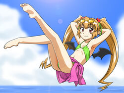  armpits arms_behind_head barefoot bat_wings bikini blue_sky brown_eyes closed_mouth cloud collarbone commentary_request day eyewear_on_head female flat_chest flying full_body goriate green_bikini green_ribbons hair_ribbon legs_up light_brown_hair long_hair looking_at_viewer navel ocean oerba_yun_fang outdoors pachira photoshop_(medium) pointy_ears renkin_san-kyuu_magical_pokaan ribbon sarong sidelocks sky smile soles solo sunglasses swimsuit twintails very_long_hair wings 