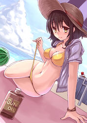  ball beach beachball bikini bottle brown_eyes brown_hair commentary_request day female gogatsu_no_renkyuu hat hood hood_down hooded_jacket jacket jacket_over_swimsuit lotion lying navel on_side original photoshop_(medium) short_hair solo sun_hat sunscreen swimsuit untied watermelon_beachball yellow_bikini 