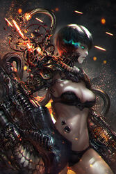  abyssal_ship bacius bikini black_background black_bikini black_hair breasts broken cable chromatic_aberration cleavage closed_mouth commentary_request cowboy_shot cyborg debris expressionless female fire from_side glowing glowing_eyes highres kantai_collection large_breasts md5_mismatch mecha_musume motion_blur navel photoshop_(medium) profile ri-class_heavy_cruiser ribs shade short_hair solo sparks stomach swimsuit teeth 