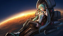  above_clouds aqua_eyes aqua_hair bad_id bad_pixiv_id black_thighhighs bryanth cloud detached_sleeves female hatsune_miku headphones highres long_hair looking_at_viewer mecha photoshop_(medium) robot shirt skirt solo sunlight thighhighs twintails very_long_hair vocaloid zettai_ryouiki 