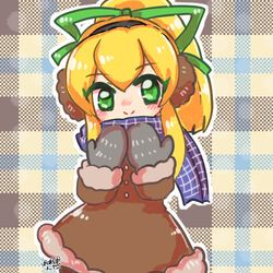  blonde_hair brown_coat capcom coat eyebrows_visible_through_hair female fut_trim green_eyes green_ribbons hair_between_eyes hair_oranement hair_ribbon lolicon long_hair lowres mittens pattern patterned_backgrund ponytail rairai00 ribbon rockman rockman_(classic) roll scarf sidelocks smile solo winter_clothes 