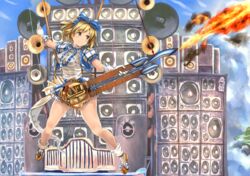  adapted_object alternate_costume blonde_hair blush cloud commentary_request cropped_jacket djeeta_(granblue_fantasy) double_neck_guitar electric_guitar female flamethrower frilled_skirt frills full_body granblue_fantasy guitar hair_ribbon headband horn_speaker instrument jumping kimi_to_boku_no_mirai legs mad_max mad_max:_fury_road miniskirt outstretched_arm parody plectrum ribbon shoes short_hair short_sleeves skirt skull sky smile socks solo speaker takahashi_rodemu the_doof_warrior weapon white_socks yellow_eyes 