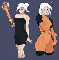  bare_shoulders belt black_dress bodysuit bracelet breasts cropped_legs dress drew_saturday female highres holding holding_sword holding_weapon jewelry large_breasts long_hair mole mole_under_eye multiple_views one_eye_closed orange_bodysuit ponytail porqueloin red_nails shadow strapless strapless_dress sword the_secret_saturdays weapon white_hair 