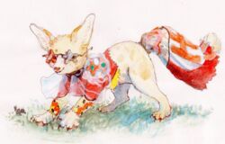  2021 ambiguous_gender blonde_body blonde_ears canid canine clothed clothing cyberzyd eyewear fangs fennec_fox feral fox inner_ear_fluff mammal painting_(artwork) smile solo sunglasses tail teeth teeth_showing traditional_media_(artwork) true_fox tuft watercolor_(artwork) yellow_tail 