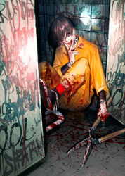  1boy arm_tattoo badge bathroom blood blood_on_clothes blood_splatter brown_hair button_badge commentary ear_piercing earrings english_commentary graffiti grin highres horror_(theme) jewelry jumpsuit leg_up male_focus neck_tattoo one_eye_covered original piercing purple_eyes rit3set shears shoes short_hair sitting smile sneakers socks solo squat_toilet tattoo tongue tongue_out undershirt v_over_mouth 