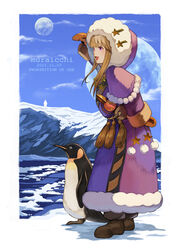  artist_name bear bird blue_sky boots brown_footwear coat commentary_request dated day female full_body gloves light_brown_hair long_hair long_sleeves mittens moon multiple_moons muraicchi_(momocchi) open_mouth original outdoors parka penguin pink_eyes polar_bear purple_coat sky smile snow snowscape solo standing 