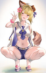  aldehyde animal_ears belt blonde_hair blue_shorts blush breasts brown_eyes collarbone commentary_request crop_top dog_ears dog_girl dog_tail erune female granblue_fantasy hat highres looking_at_viewer navel official_alternate_costume open_clothes open_mouth open_vest sailor_collar sandals short_hair short_shorts shorts small_breasts smile solo squatting tail thighs vajra_(granblue_fantasy) vajra_(summer)_(granblue_fantasy) vest white_hat white_vest 