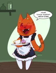  absurd_res anthro beverage cafe clothing crushpepper cupcake cupcake_(fnaf) dialogue domestic_cat english_text fangs felid feline felis five_nights_at_freddy&#039;s floor food fur green_background hi_res humor legwear maid_uniform male mammal one_eye_closed open_mouth orange_body orange_fur pepper_(crushpepper) pun red_eyes scottgames simple_background solo stockings tea teeth text uniform wink wood wood_floor 