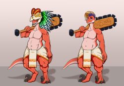  absurd_res anthro armor barazoku belly belly_folds belly_overhang blue_eyes bottomwear claws clothing digitalkaiju digitigrade dinosaur dinosaurs_inc. dinozon_fury extinct headgear helmet hi_res loincloth macuahuitl male muscular muscular_male patrick_highclaw prehistoric_species reptile scalie solo stenonychosaurus tail theropod toe_claws troodon troodontid weapon 