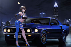  absurdres ahoge alternate_costume annotated asymmetrical_legwear atlanta_(city) azur_lane bank_of_america_plaza black_hair blue_eyes blue_footwear blue_pants breasts car character_name cleavage commission copyright_name covered_nipples crop_top eagle_union_(emblem) elbow_gloves female fingerless_gloves ford ford_mustang ford_mustang_(1st_generation) full_body georgia_(azur_lane) gibbous_moon gloves hair_between_eyes heterochromia high_heels highres kcar66t large_breasts latex_pants leaning_forward license_plate midriff moon motor_vehicle muscle_car navel night outdoors pants pixiv_commission product_placement race_queen real_world_location shoes solo sports_car star_(sky) united_states vehicle_focus yellow_eyes 