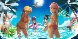  4boys 4girls alternate_costume beach_umbrella bikini blonde_hair blunt_bangs breasts charizard cleavage closed_mouth commentary_request dark-skinned_female dark_skin day dot_(pokemon) flying_sweatdrops friede_(pokemon) fuecoco green_eyes highres holding holding_pokemon holding_tray innertube leaning liko_(pokemon) looking_at_viewer looking_to_the_side ludlow_(pokemon) mollie_(pokemon) multiple_boys multiple_girls murdock_(pokemon) navel orla_(pokemon) outdoors palm_tree parted_bangs pikachu pink_hair pokemon pokemon_(anime) pokemon_(creature) pokemon_horizons quaxly riding riding_pokemon rockruff roy_(pokemon) sand side-tie_bikini_bottom sky smile sprigatito standing sun swim_ring swimsuit tau_(tau_1111) tray tree umbrella wading water wattrel 