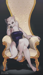  absurd_res anthro bent_legs canid canine canis chair crossed_legs digital_media_(artwork) ear_piercing ear_ring facial_piercing feliscede female fur furniture hi_res leg_over_thigh mammal nose_piercing nose_ring piercing red_eyes ring_piercing septum_piercing shaded sitting solo white_body white_fur wolf 