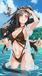  5girls animal_ears arknights arm_up bikini black_bikini blue_sky blush breasts cat_ears cat_tail ceylon_(arknights) clenched_teeth cloud collarbone commentary cowboy_shot day exusiai_(arknights) grey_hair grey_shirt gun hand_in_own_hair holding holding_gun holding_weapon horns jacket large_breasts long_hair looking_at_viewer multi-strapped_bikini multiple_girls navel official_alternate_costume omglolimbored open_clothes open_jacket open_shirt outdoors over_shoulder photoshop_(medium) red_hair schwarz_(arknights) see-through shining_(arknights) shining_(silent_night)_(arknights) shirt short_sleeves sitting sky soaking_feet sora_(arknights) sora_(summer_flowers)_(arknights) standing stomach swimsuit tail teeth thighs twitter_username umbrella very_long_hair wading water weapon weapon_over_shoulder wet wet_clothes wet_shirt white_jacket yellow_eyes 