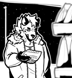  anthro building cheek_tuft chips_(food) clothed clothing coat digital_media_(artwork) eyebrows facial_tuft fingers food fur gas_station hair holding_food holding_object hyena jacket looking_at_object male mammal mane mane_hair markings monochrome night sartics shelf sky solo spots spotted_body spotted_fur spotted_hyena standing star starry_sky topwear tuft 