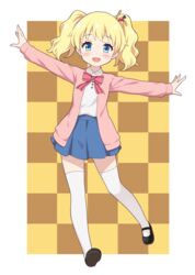  absurdres alice_cartelet black_footwear blonde_hair blue_eyes blue_skirt brown_background cardigan checkered_background commentary_request female full_body highres kin-iro_mosaic long_hair mary_janes miniskirt moegi_high_school_uniform open_mouth outstretched_arms pink_cardigan school_uniform shirt shoes skirt smile solo thighhighs twintails white_shirt white_thighhighs yamasan 