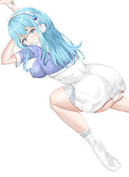  absurdres aishendejian ass blue_hair chinese_commentary commentary earphones female gag gloves goddess_of_victory:_nikke high-waist_skirt highres improvised_gag long_sleeves outstretched_arms panties panty_peek shifty_(nikke) shoes skirt sneakers socks solo tape tape_gag thighs two_side_up underbutt underwear white_footwear white_gloves white_panties white_skirt white_socks zoom_layer 